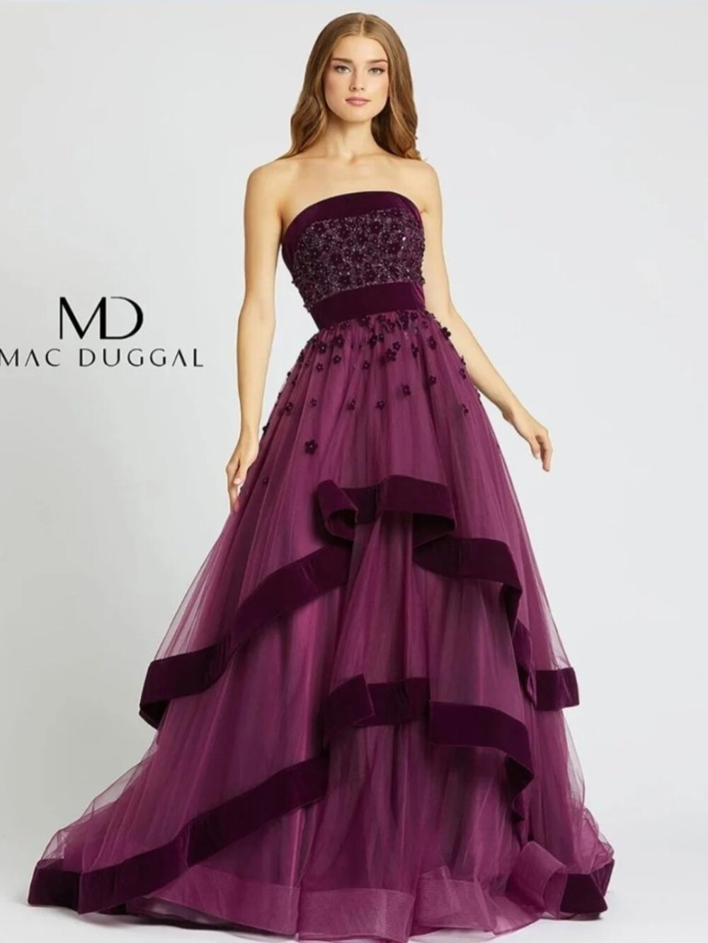 Mac Duggal Strapless Plum Ball Gown Beaded Floral Tulle Size 6 NWT